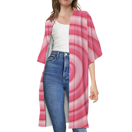 Pink Swirl Lollipop Print Open Front Beach Cover Up
