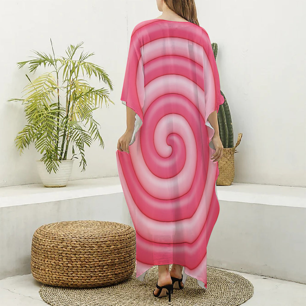 Pink Swirl Lollipop Print Silk V-Neck Kaftan Dress
