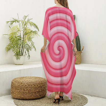 Pink Swirl Lollipop Print Silk V-Neck Kaftan Dress