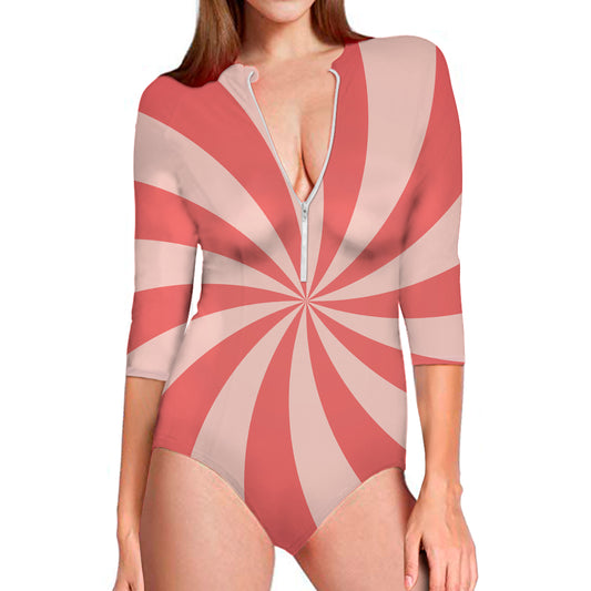 Pink Swirl Print Long Sleeve Swimsuit