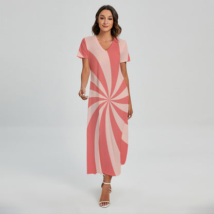 Pink Swirl Print Short Sleeve Maxi Dress