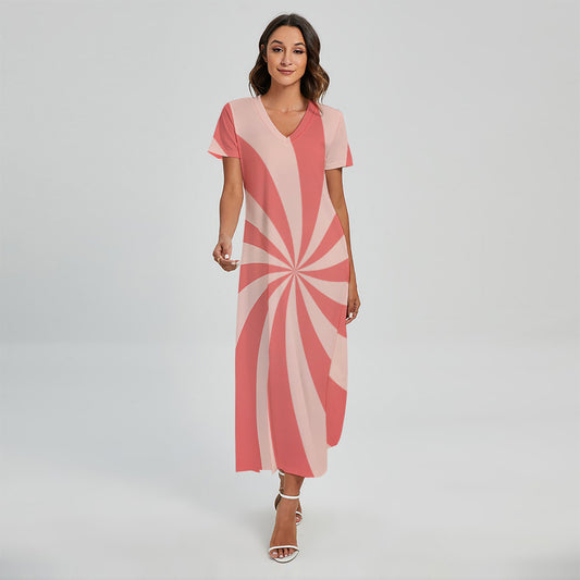 Pink Swirl Print Short Sleeve Maxi Dress