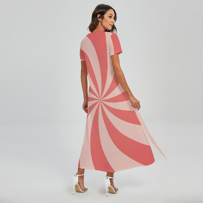 Pink Swirl Print Short Sleeve Maxi Dress