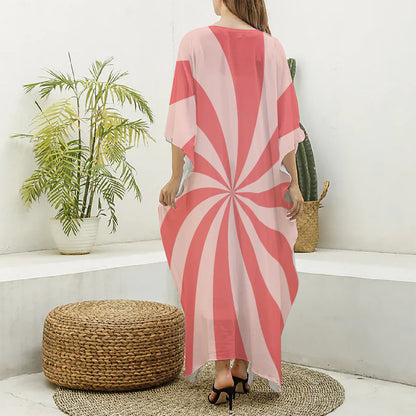 Pink Swirl Print Silk V-Neck Kaftan Dress