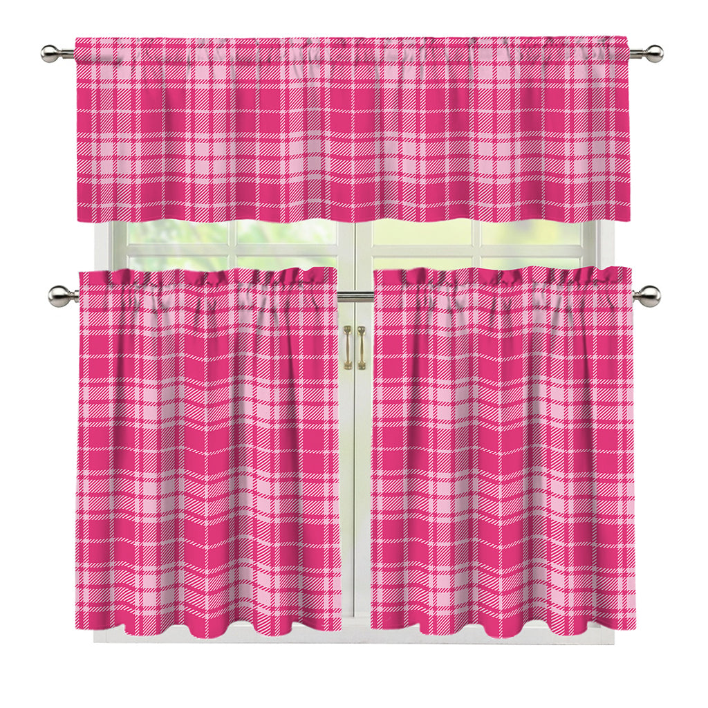 Pink Tartan Pattern Print 3 Piece Kitchen Curtains