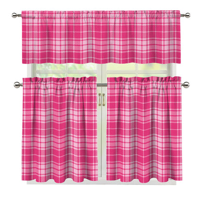 Pink Tartan Pattern Print 3 Piece Kitchen Curtains