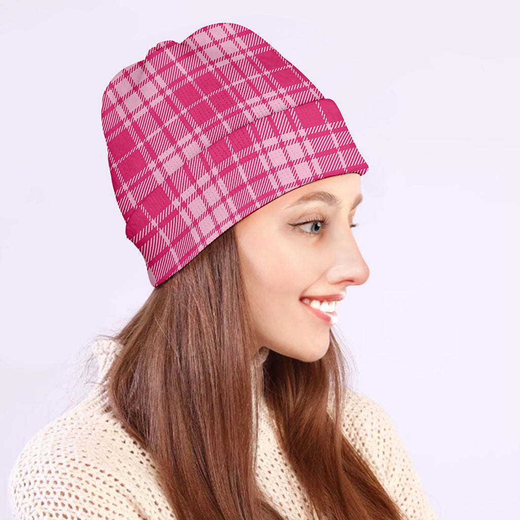 Pink Tartan Pattern Print Beanie
