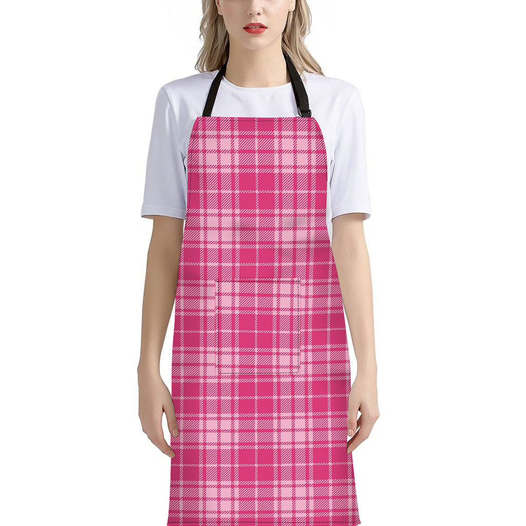 Pink Tartan Pattern Print Bib Apron With Pocket