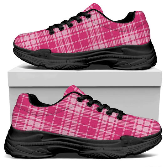 Pink Tartan Pattern Print Black Chunky Shoes