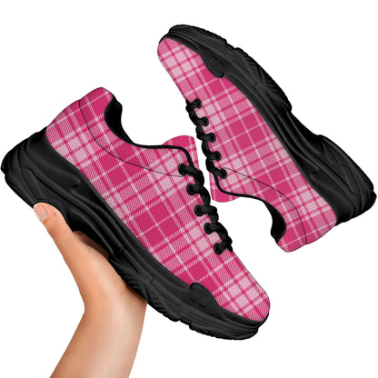 Pink Tartan Pattern Print Black Chunky Shoes