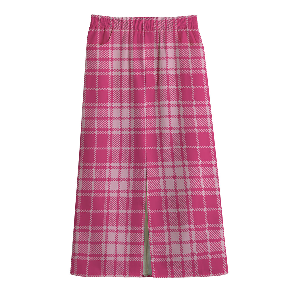 Pink Tartan Pattern Print Cotton Front Slit Maxi Skirt