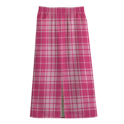 Pink Tartan Pattern Print Cotton Front Slit Maxi Skirt