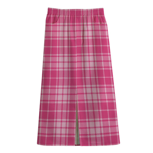 Pink Tartan Pattern Print Cotton Front Slit Maxi Skirt
