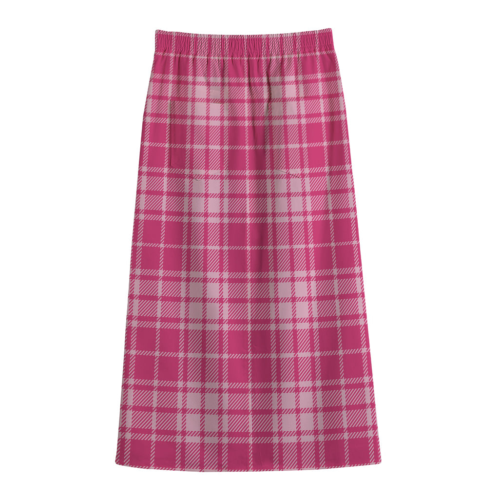 Pink Tartan Pattern Print Cotton Front Slit Maxi Skirt