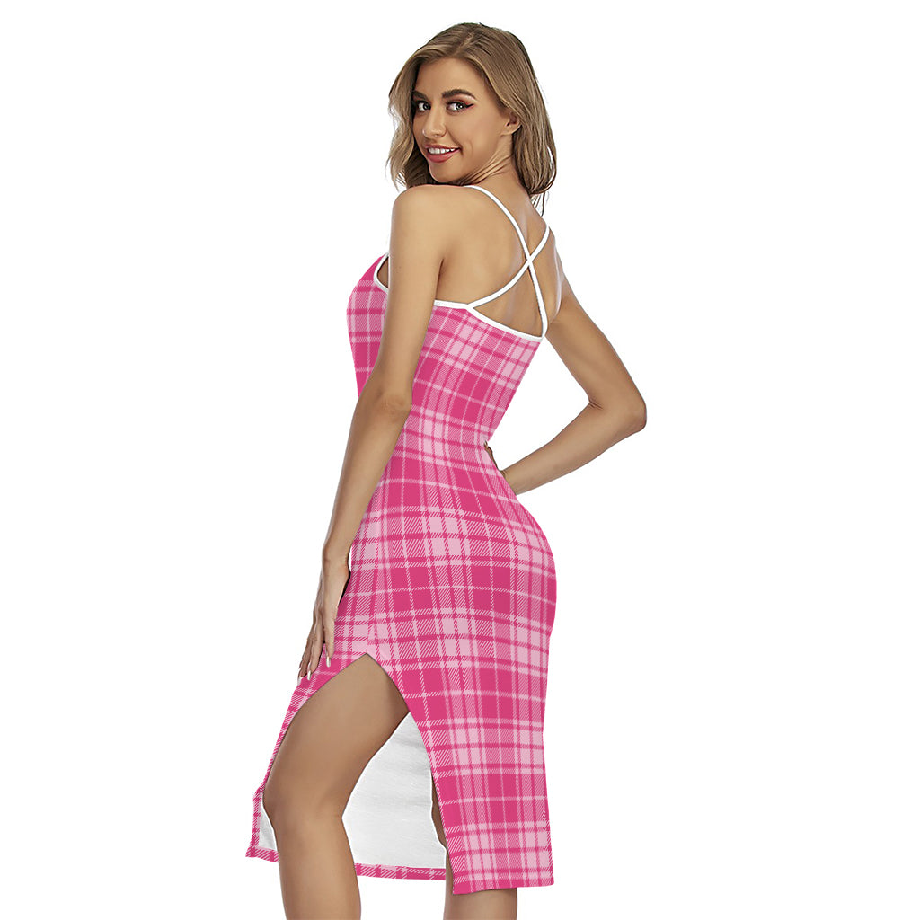 Pink Tartan Pattern Print Cross Back Cami Dress