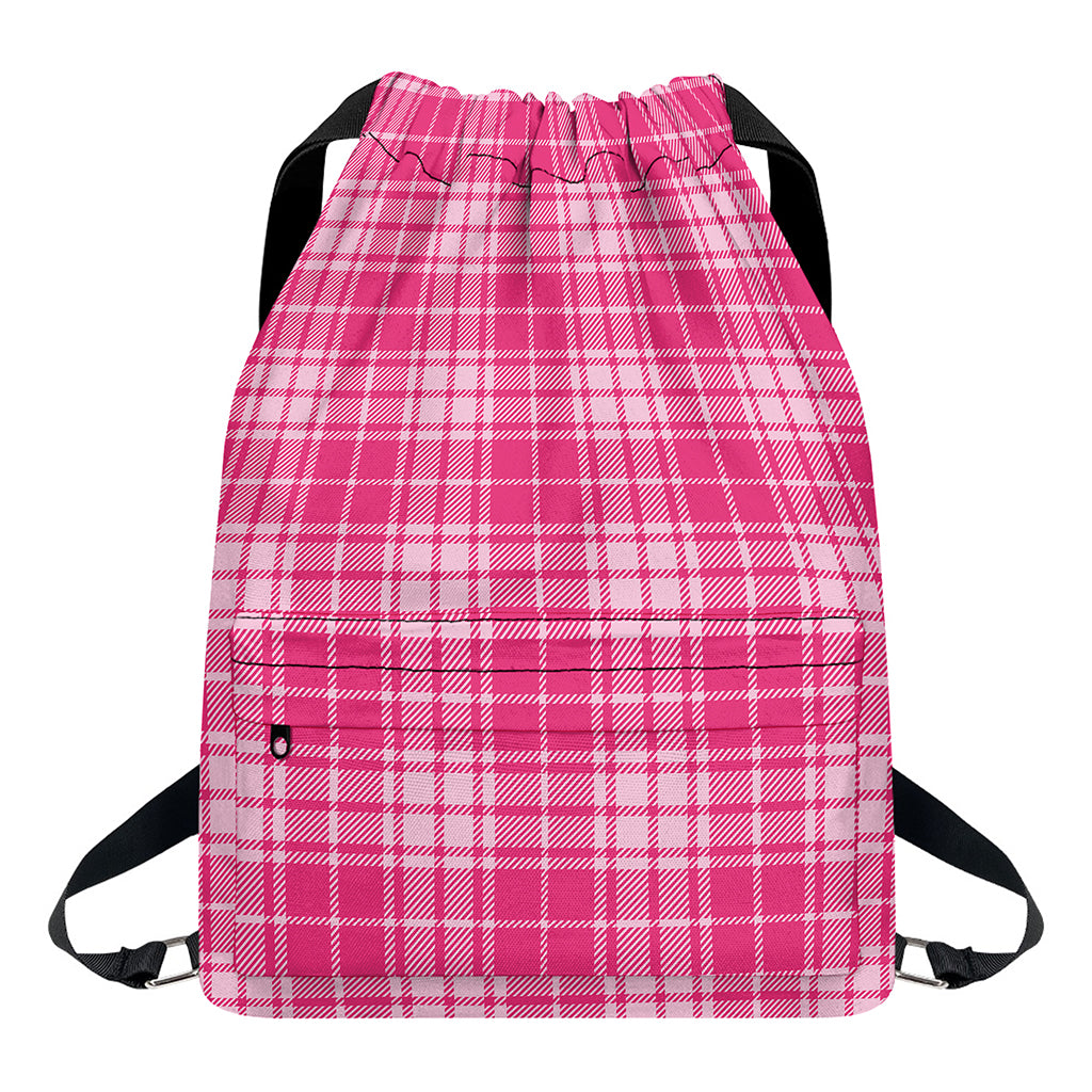 Pink Tartan Pattern Print Drawstring Backpack