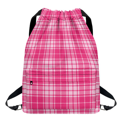 Pink Tartan Pattern Print Drawstring Backpack