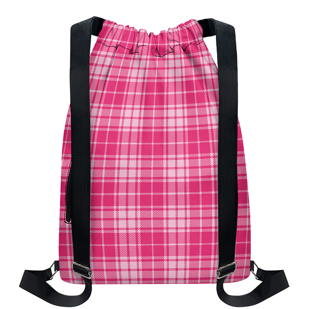 Pink Tartan Pattern Print Drawstring Backpack