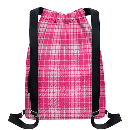 Pink Tartan Pattern Print Drawstring Backpack