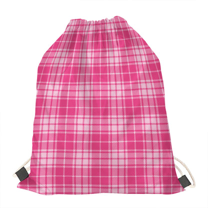 Pink Tartan Pattern Print Drawstring Bag