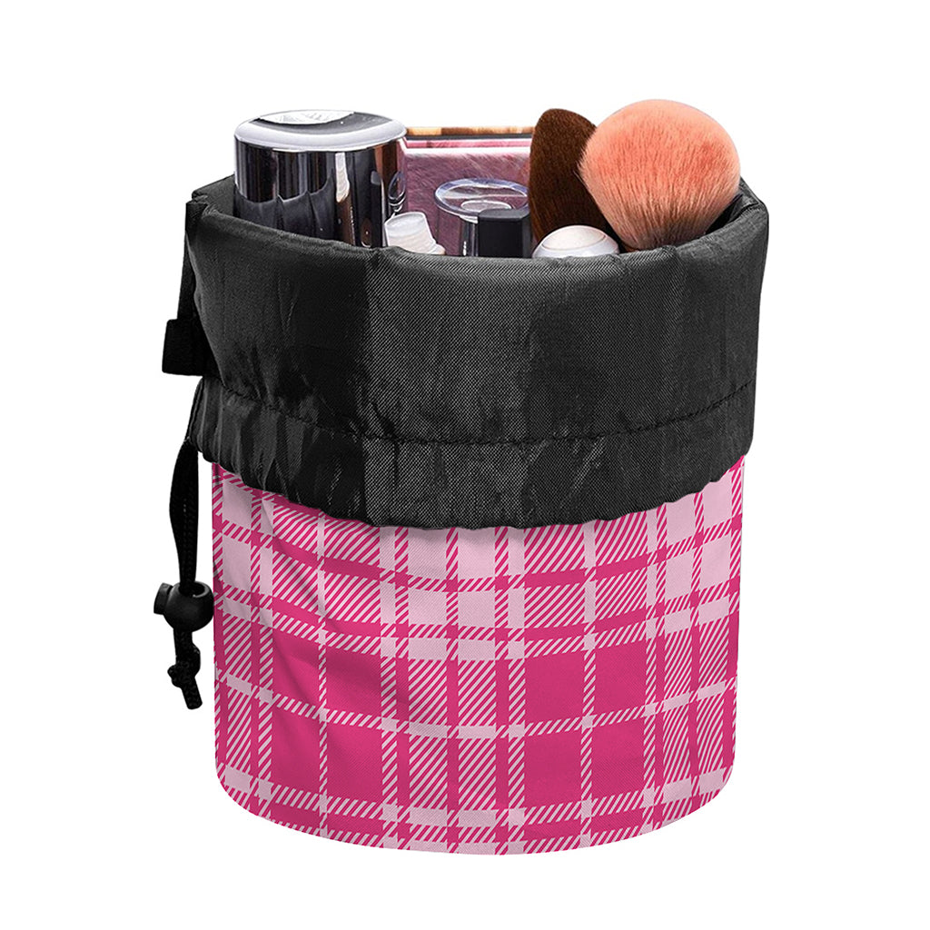 Pink Tartan Pattern Print Drawstring Makeup Bag