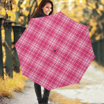 Pink Tartan Pattern Print Foldable Umbrella