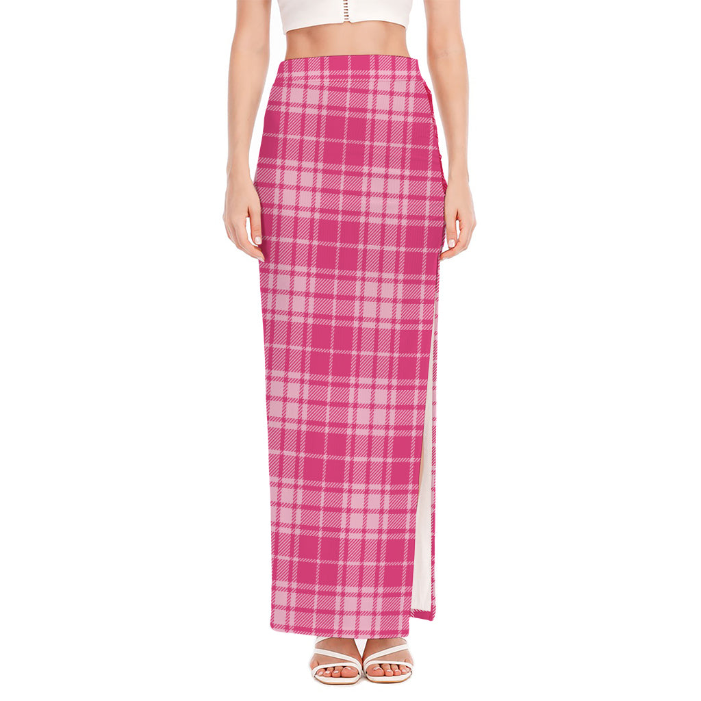 Pink Tartan Pattern Print High Slit Maxi Skirt