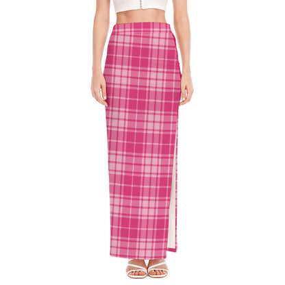 Pink Tartan Pattern Print High Slit Maxi Skirt