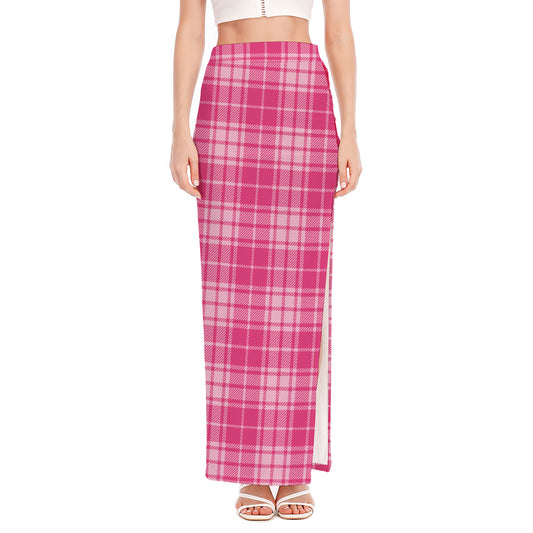 Pink Tartan Pattern Print High Slit Maxi Skirt