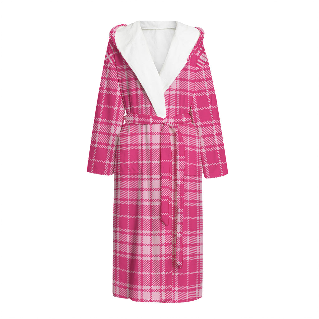 Pink Tartan Pattern Print Hooded Bathrobe