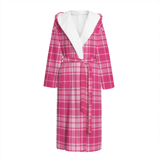 Pink Tartan Pattern Print Hooded Bathrobe