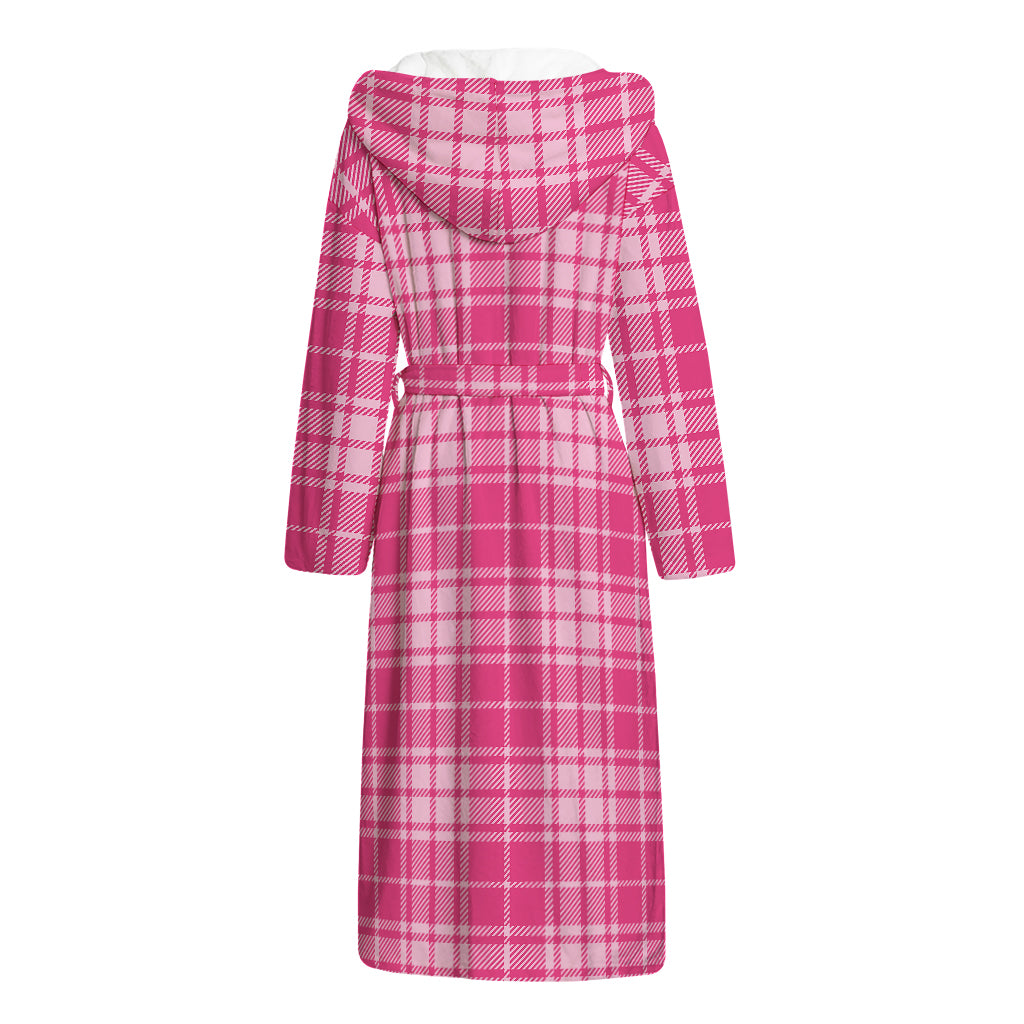 Pink Tartan Pattern Print Hooded Bathrobe