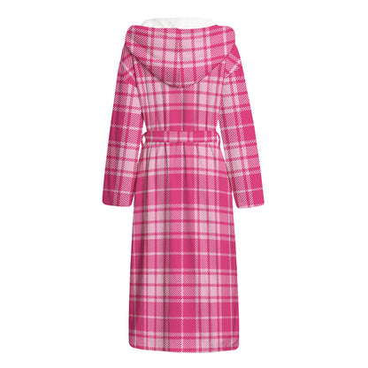 Pink Tartan Pattern Print Hooded Bathrobe