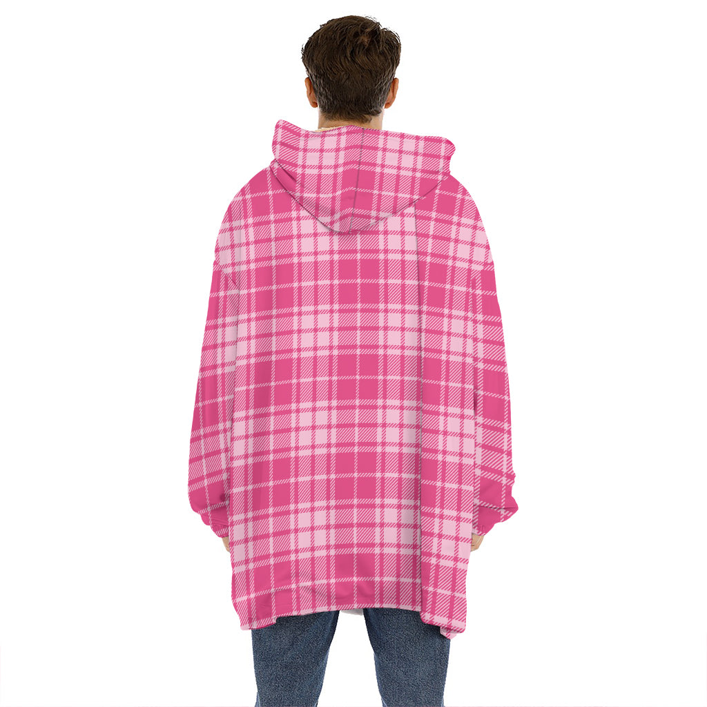 Pink Tartan Pattern Print Hoodie Blanket