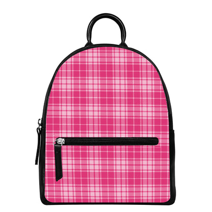 Pink Tartan Pattern Print Leather Backpack