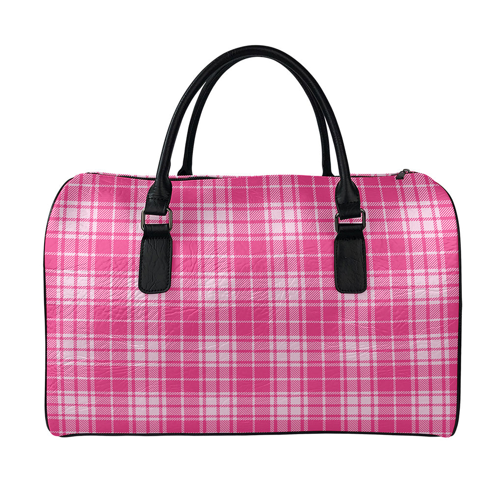 Pink Tartan Pattern Print Leather Duffle Bag