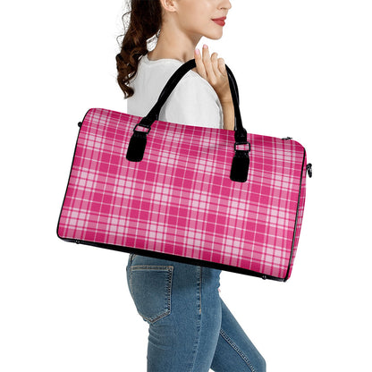 Pink Tartan Pattern Print Leather Duffle Bag