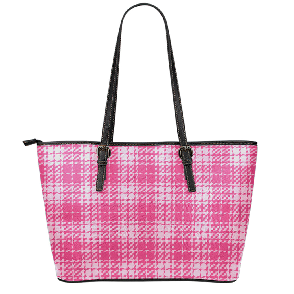 Pink Tartan Pattern Print Leather Tote Bag