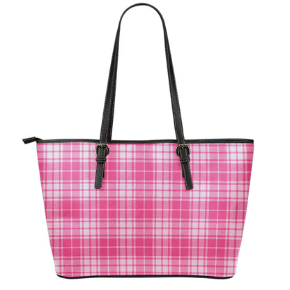 Pink Tartan Pattern Print Leather Tote Bag