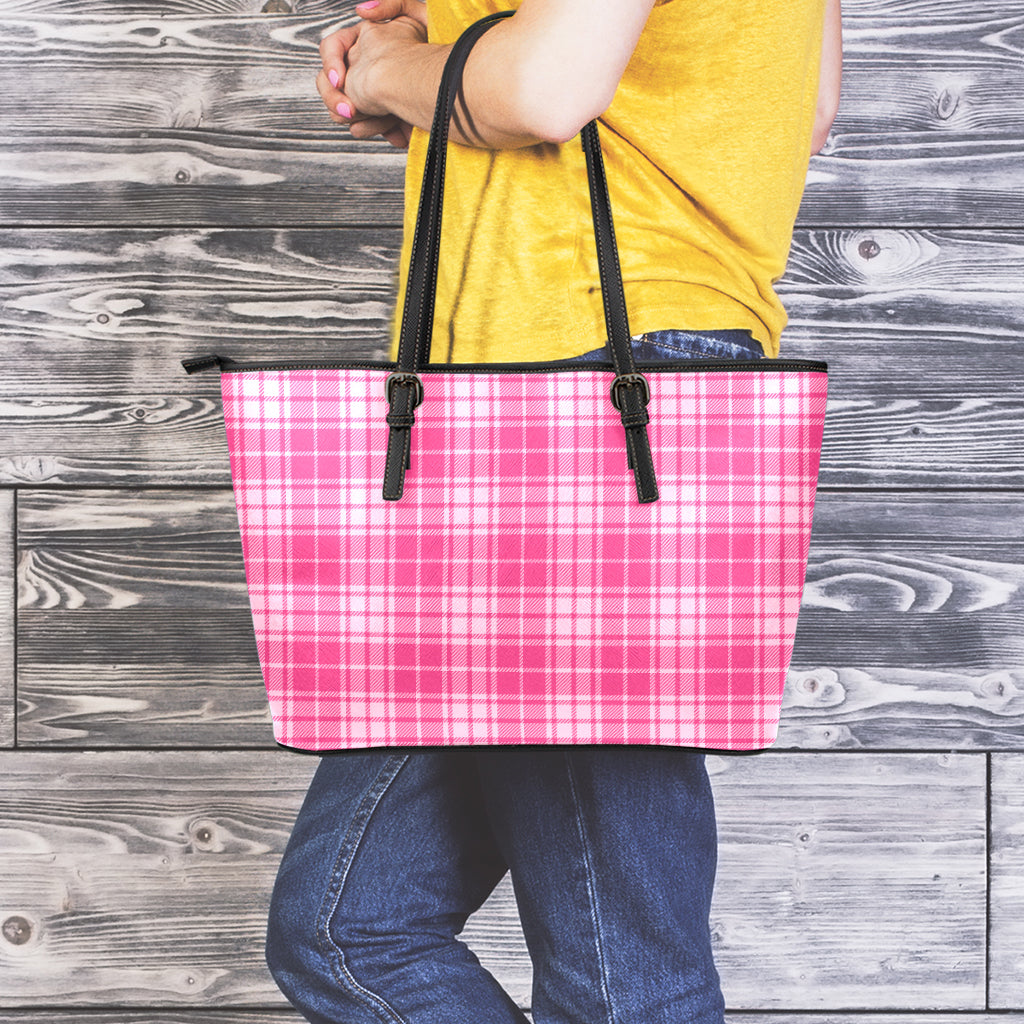 Pink Tartan Pattern Print Leather Tote Bag