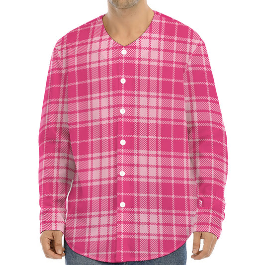Pink Tartan Pattern Print Long Sleeve Baseball Jersey