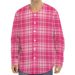 Pink Tartan Pattern Print Long Sleeve Baseball Jersey