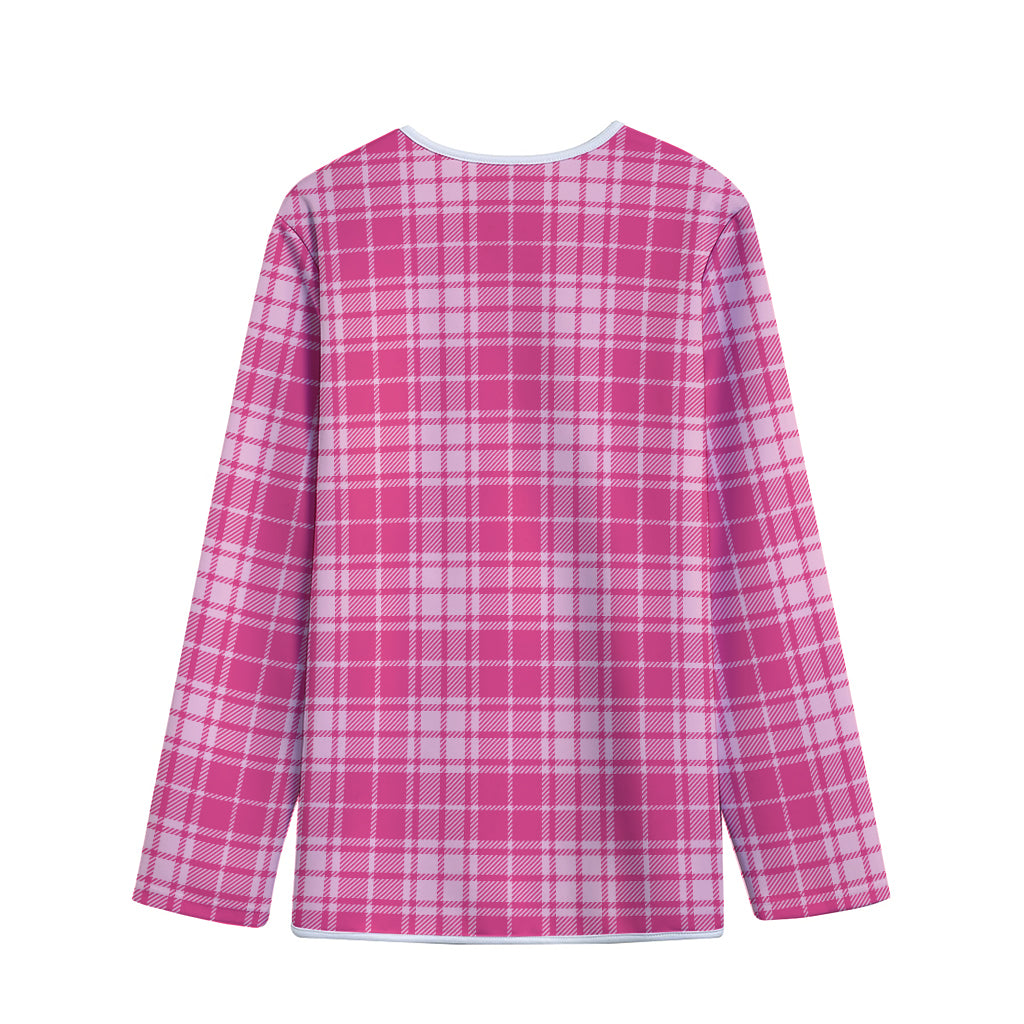 Pink Tartan Pattern Print Long Sleeve Short Coat