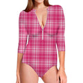 Pink Tartan Pattern Print Long Sleeve Swimsuit