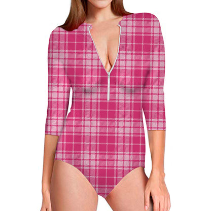 Pink Tartan Pattern Print Long Sleeve Swimsuit