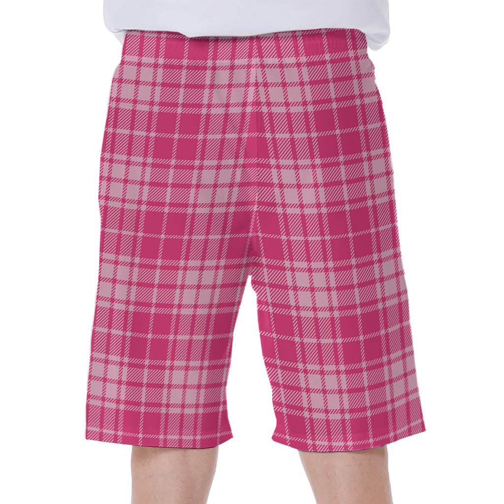 Pink Tartan Pattern Print Men's Beach Shorts