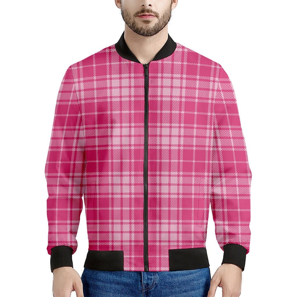Pink Tartan Pattern Print Men's Bomber Jacket