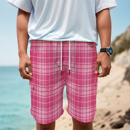Pink Tartan Pattern Print Men's Cargo Shorts