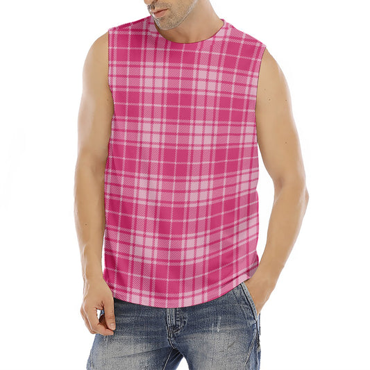 Pink Tartan Pattern Print Men's Fitness Tank Top