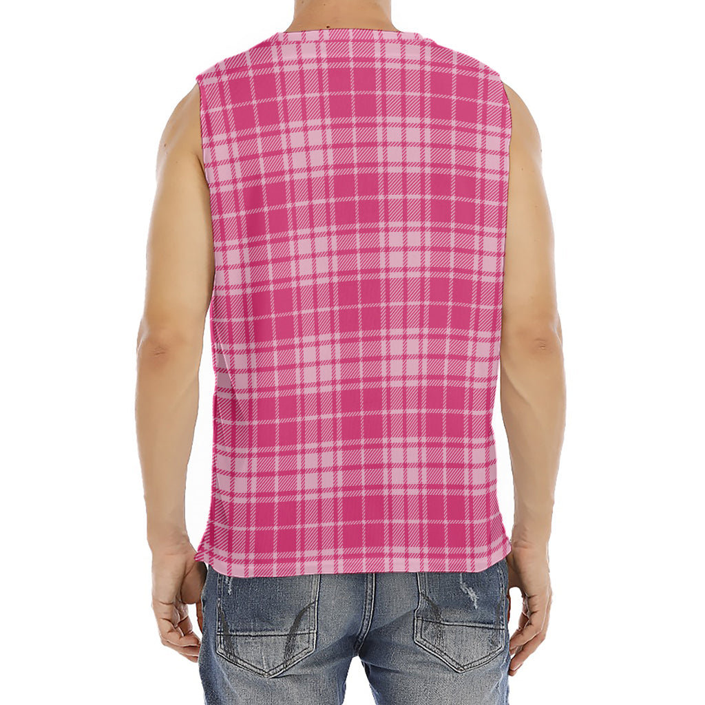 Pink Tartan Pattern Print Men's Fitness Tank Top